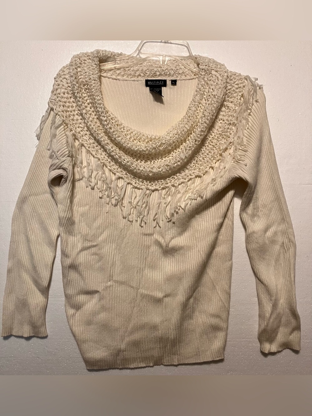 Multiples XL Cream Fringe Cowl Neck Sweater